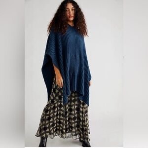 Free People Bestie Blanket Poncho, Navy Blue, One Size